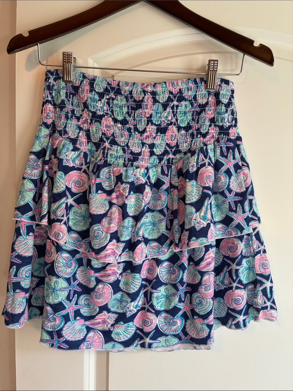Simply Southern Navy Shell & Starfish Smocked Tiered Skirt Size Medium